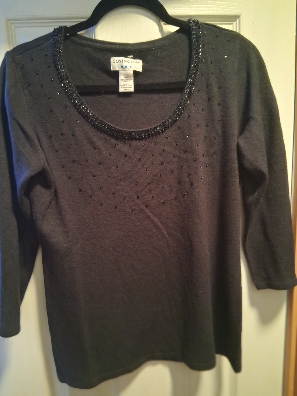 Covington Black Beaded Scoop Neck Sweater Nwot